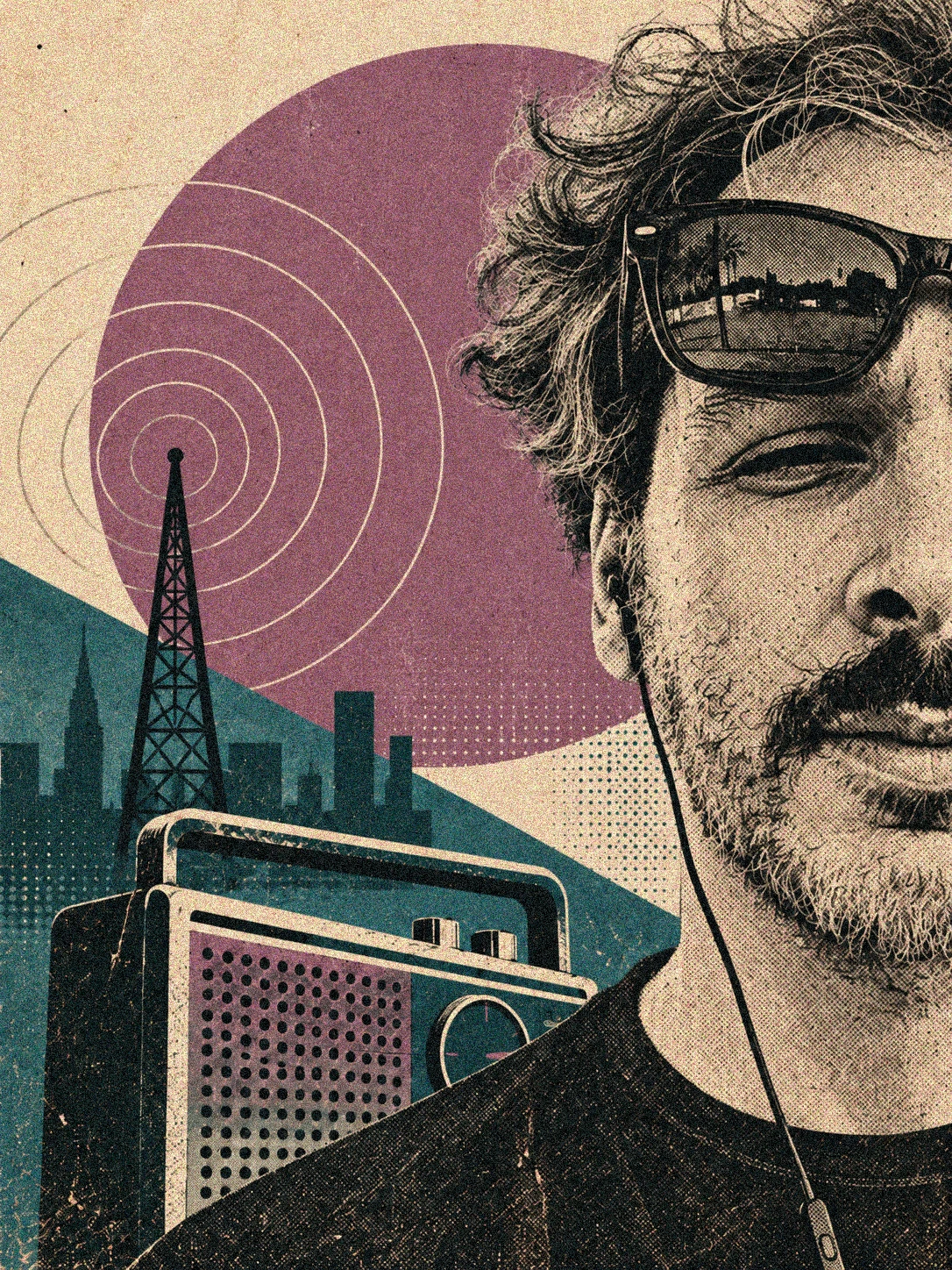 Editorial illustration of a studio microphone and broadcaster silhouette