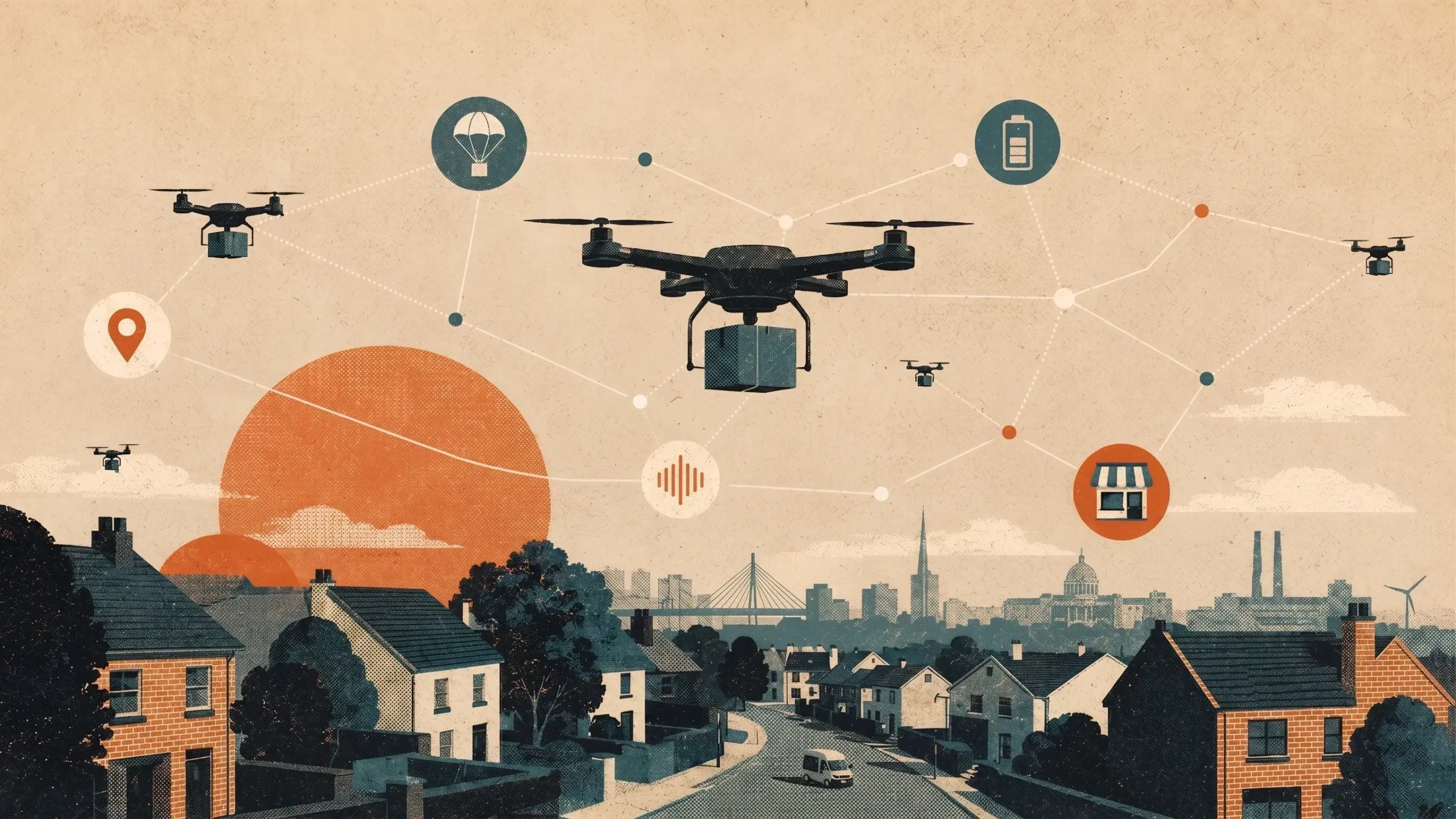 Illustration of a network of delivery drones carrying packages over a residential neighborhood and city skyline