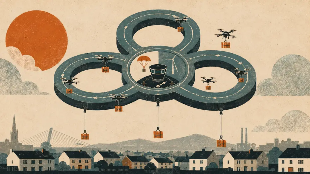 revolutionizing-last-mile-delivery-bobby-healy-and-manna-drone-delivery Conceptual illustration of a drone delivery network with drones moving packages along aerial tracks over a city