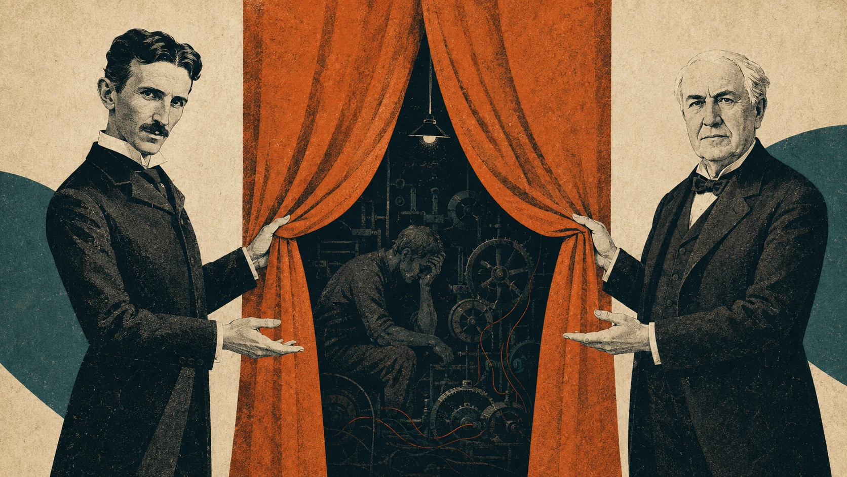 Visual metaphor of Nikola Tesla and Thomas Alva Edison as rival magicians, staging the illusion of progress while concealing the personal, ethical, and human cost behind the curtain.