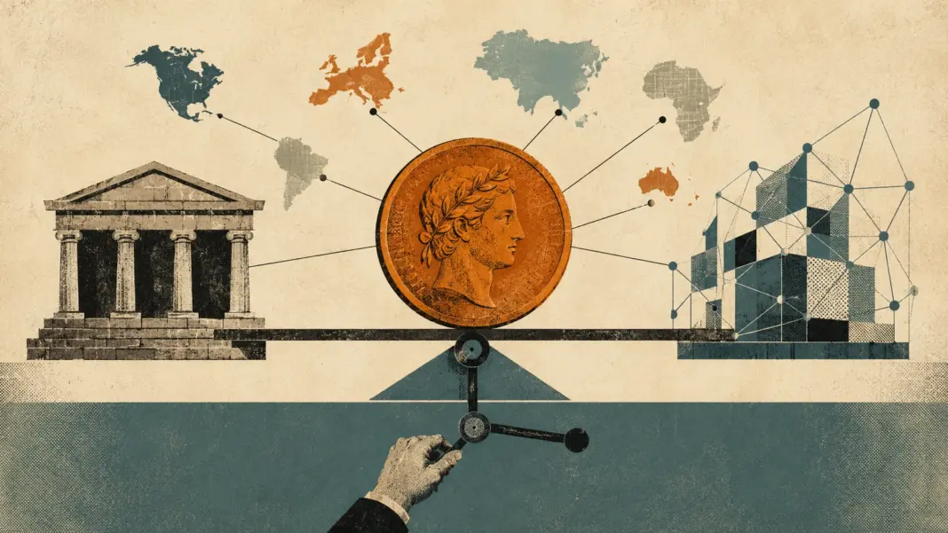 The Future of Money: Trust, Power and the Lessons of Monetary History A Roman coin balances between a classical temple and modern data structures, connected to global continents