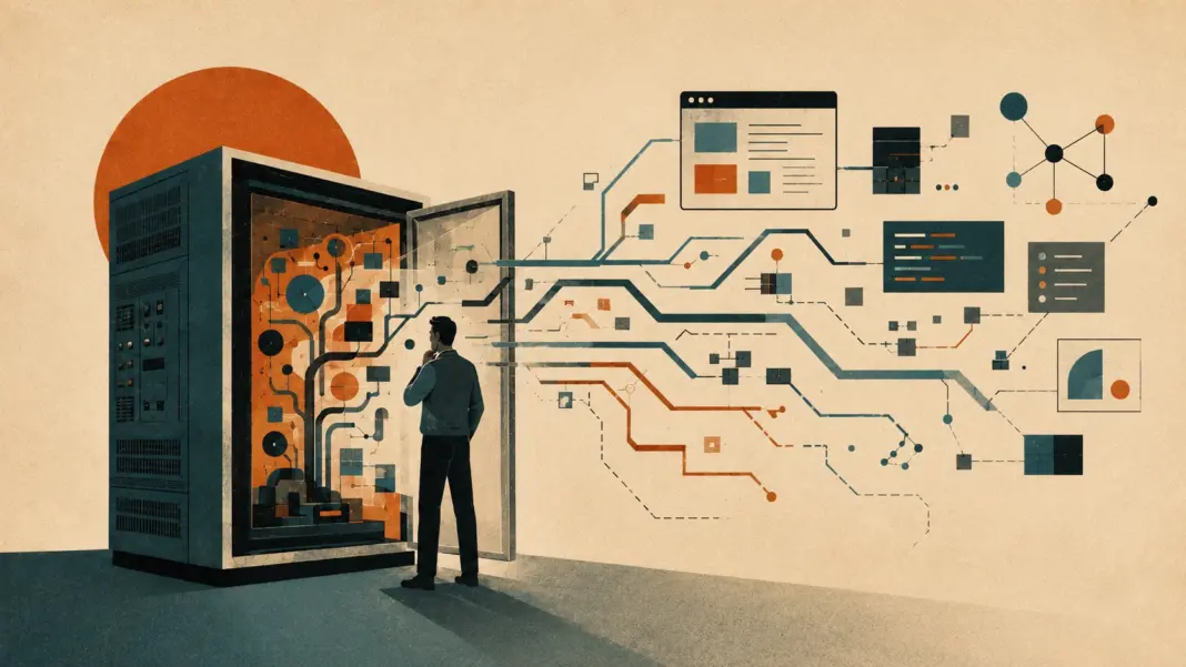Inventing the Future, One Lisp Machine at a Time A person looks into an open server cabinet as circuit-like data streams flow into digital interfaces and charts