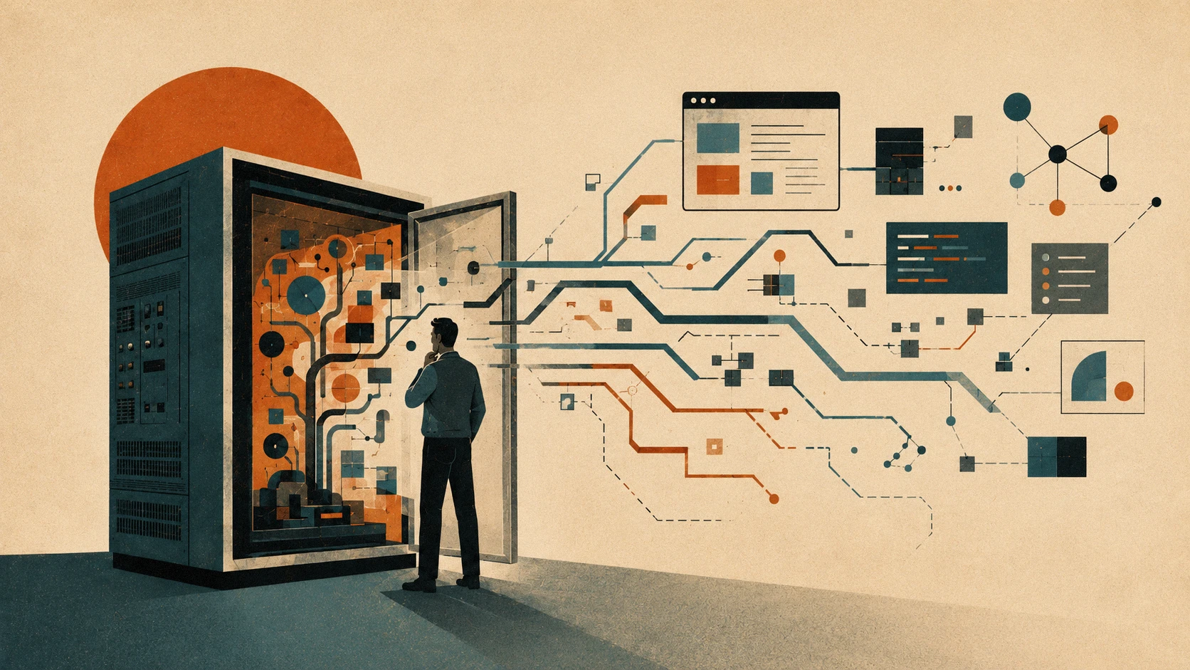 A person looks into an open server cabinet as circuit-like data streams flow into digital interfaces and charts