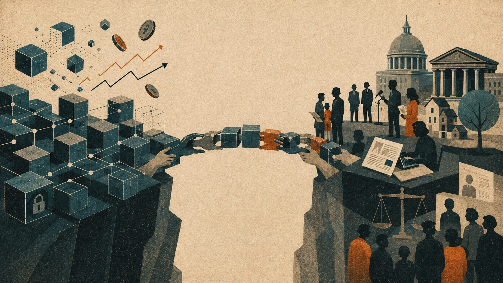 Hands reach across a chasm to build a bridge of blocks, connecting digital technology with society, government and law