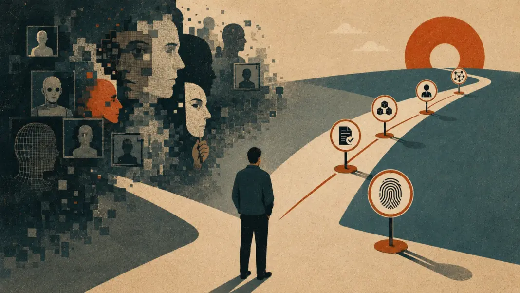 Blockchain’s Fight for Truth: Web3 Foundation VP on Digital Freedom, AI, and the Quantum Threat Person standing at a fork between a dark cloud of synthetic AI faces and a clear path lined with identity verification icons