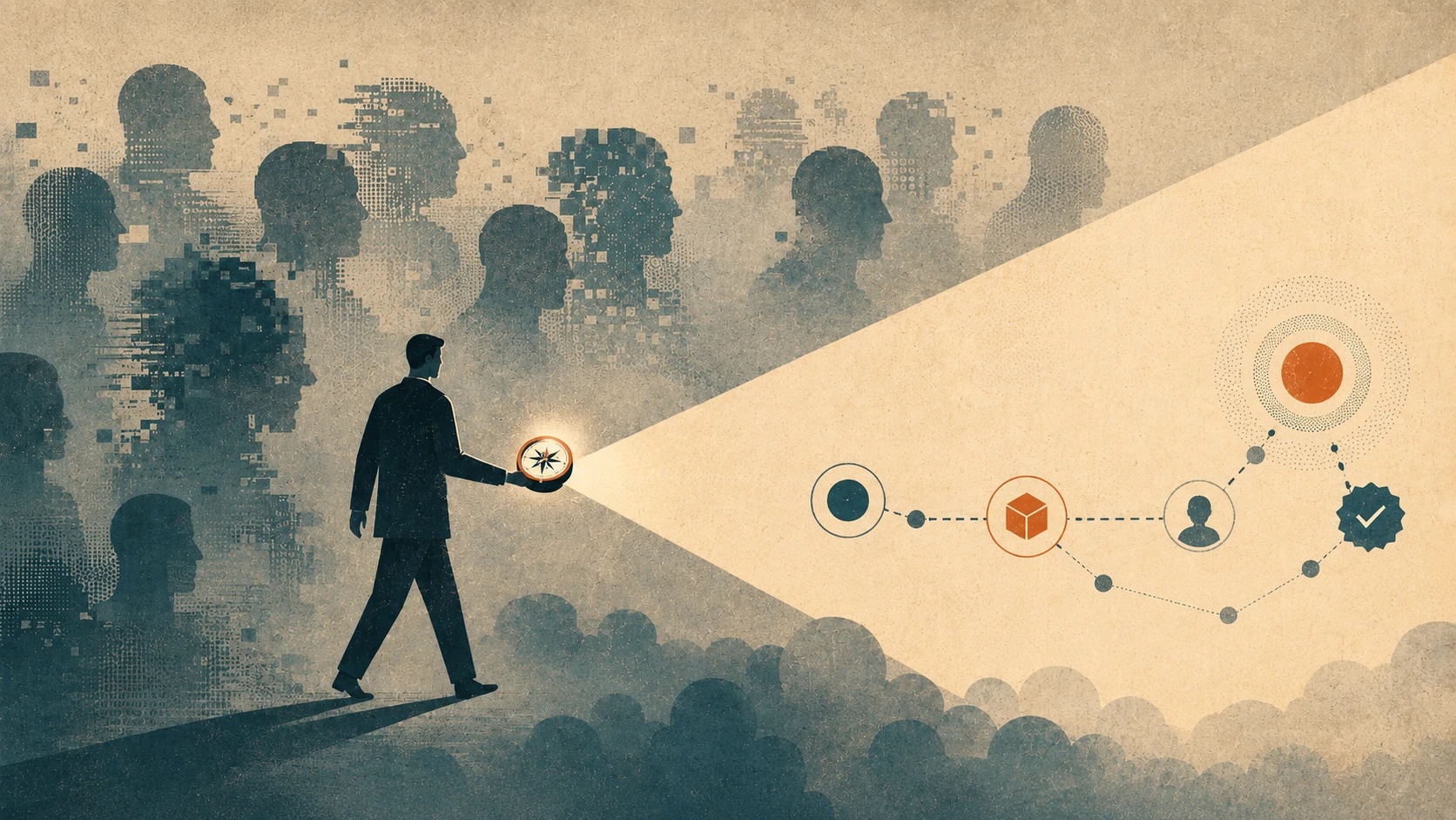 A person holds a glowing compass that illuminates a structured path of icons away from pixelated silhouettes