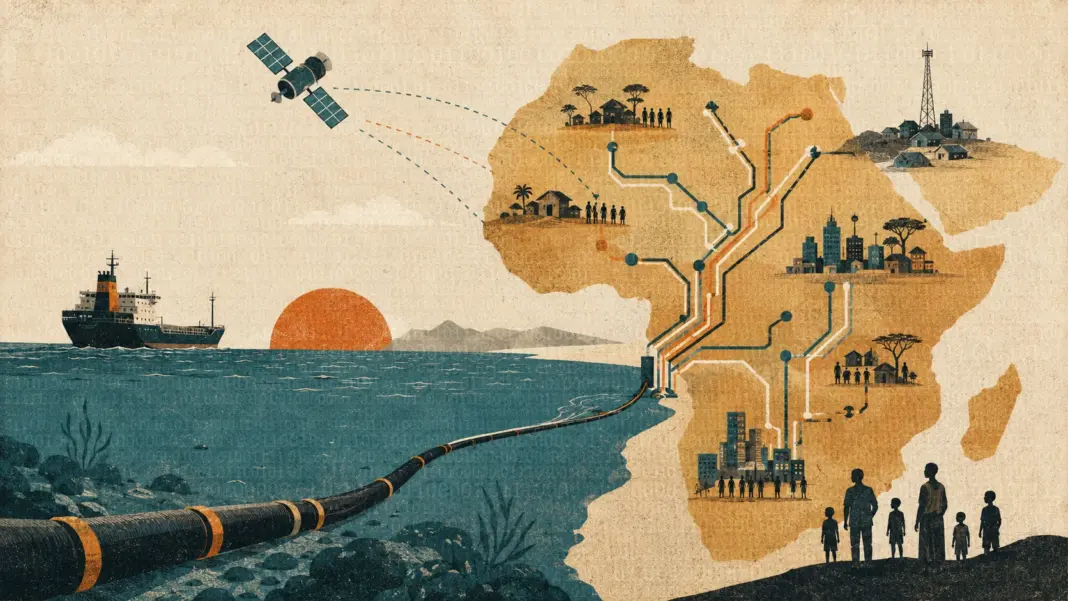 connecting-africa-submarine-cables-and-community-networks Undersea fiber optic cable and satellite connecting a digital network across cities and rural areas in Africa