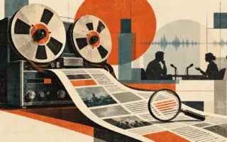 Mid-century editorial illustration of a vintage reel-to-reel tape recorder whose magnetic tape transforms into a newspaper page. A magnifying glass highlights a passage, while silhouettes of a journalist and interviewee appear in the background, symbolising the transformation of original reporting into discoverable information.