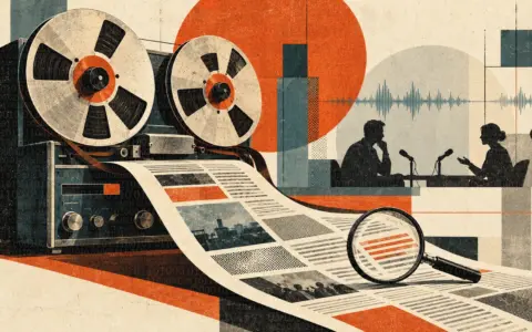 Mid-century editorial illustration of a vintage reel-to-reel tape recorder whose magnetic tape transforms into a newspaper page. A magnifying glass highlights a passage, while silhouettes of a journalist and interviewee appear in the background, symbolising the transformation of original reporting into discoverable information.