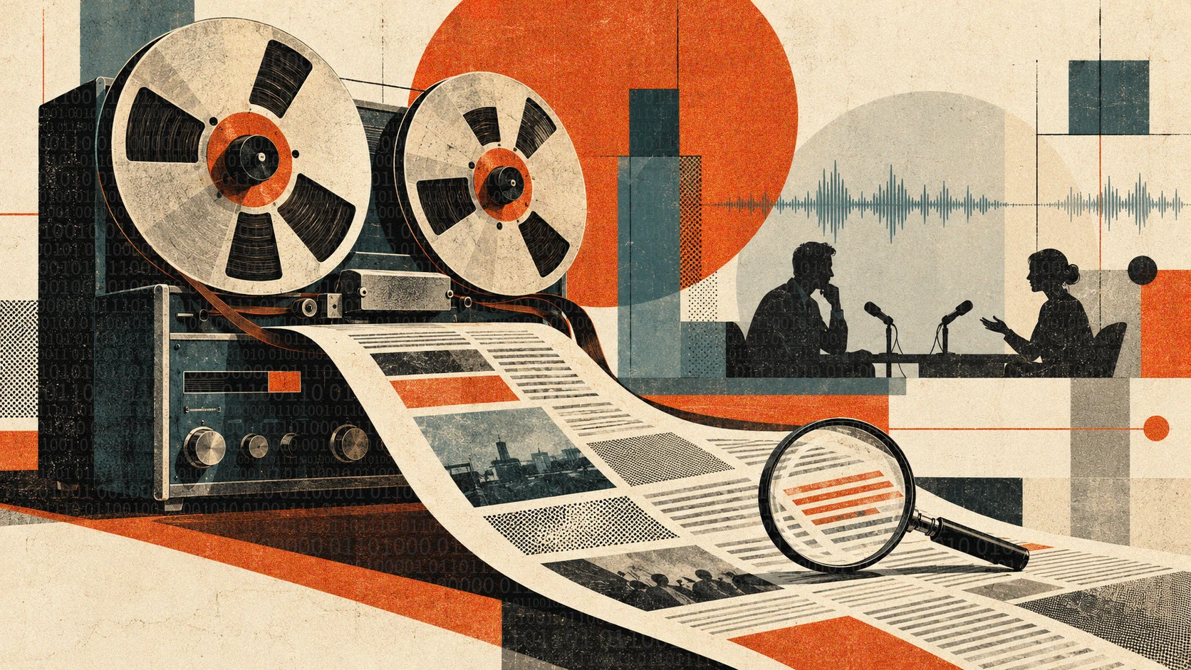 Mid-century editorial illustration of a vintage reel-to-reel tape recorder whose magnetic tape transforms into a newspaper page. A magnifying glass highlights a passage, while silhouettes of a journalist and interviewee appear in the background, symbolising the transformation of original reporting into discoverable information.