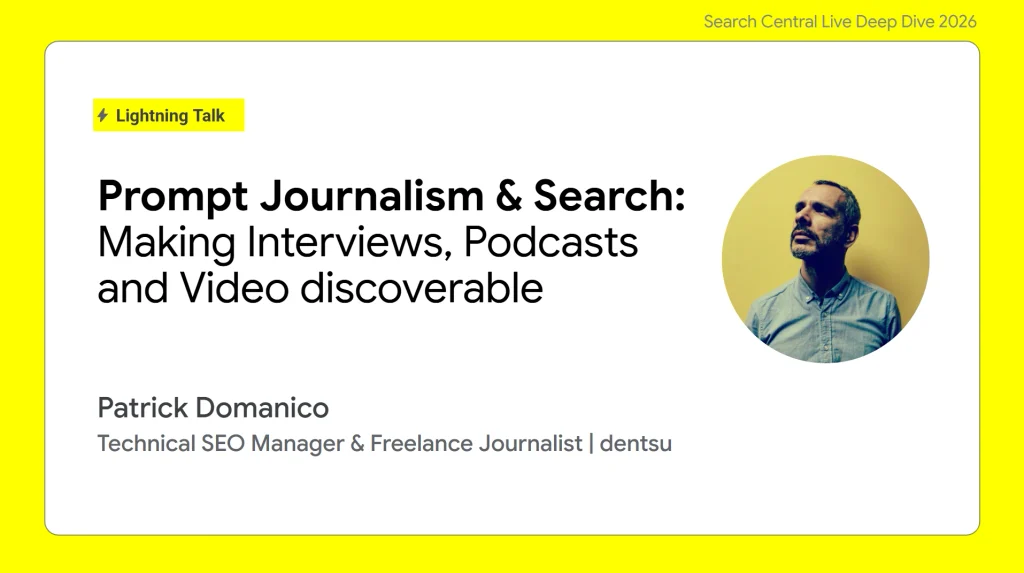Presentation slide titled Prompt Journalism & Search: Making Interviews, Podcasts and Video discoverable, by Patrick Domanico