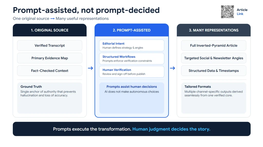 Three pillars of Prompt Journalism diagram showing how verified transcripts, evidence maps and fact-checked context inform a human-controlled AI-assisted workflow. Journalists define editorial intent, apply structured prompts and verify the results before producing articles, social media content, newsletters and structured data. The central message is “Prompt-assisted, not prompt-decided.”