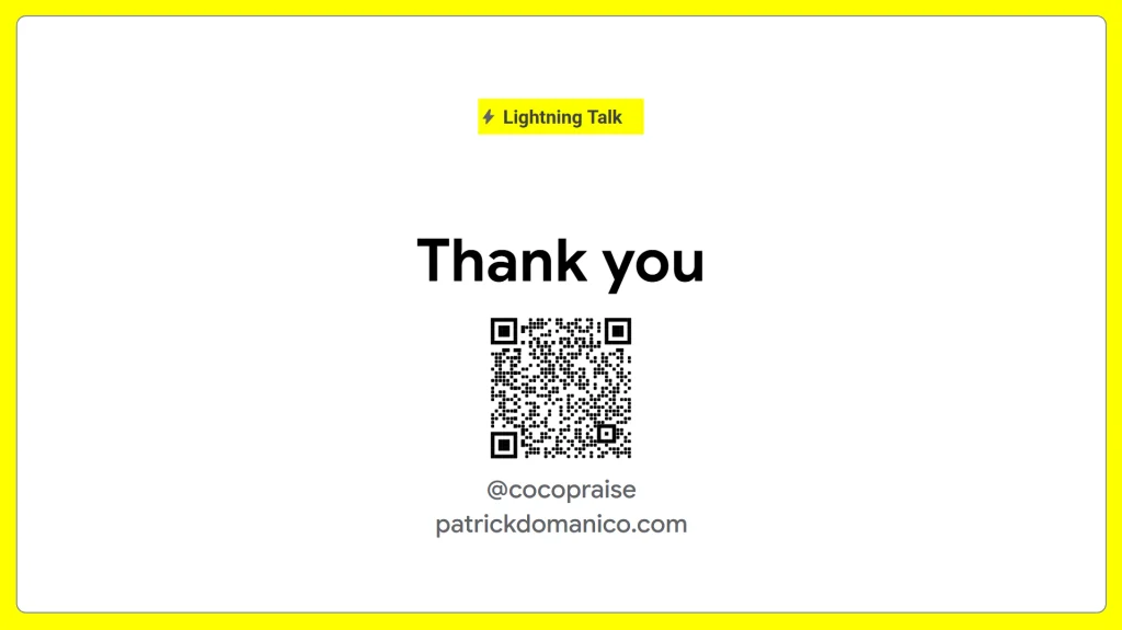 Closing thank-you slide from Patrick Domanico's Prompt Journalism and Search lightning talk at Google Search Central Live Deep Dive Europe 2026. A QR code appears below the thank-you message, followed by the contact details @cocopraise and patrickdomanico.com.