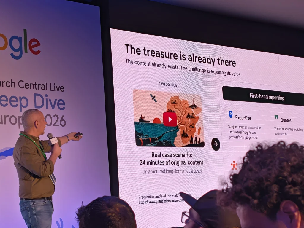 A presenter points to a slide titled "The treasure is already there" at a Google Search Central Live presentation